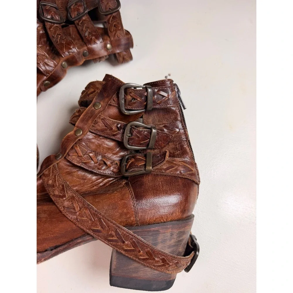 Bed Stu Glaye‎ Ankle Boots Womens Brown Size 8 Braided Triple Buckle Leather